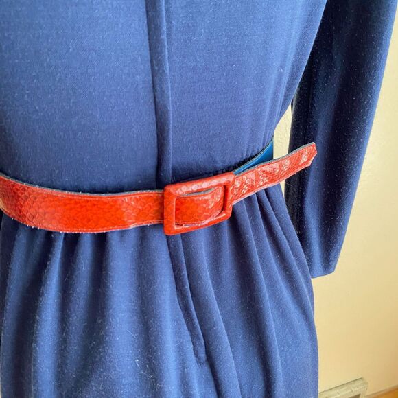Vintage Medium Navy Blue 80s Long Sleeve Dress with Rad Belt Faux Red Snakeskin - Picture 8 of 8